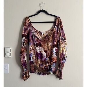 Vintage Y2K Cache 90s 2000s Silk Top Medium Flowy Colorful Cheetah Print‎